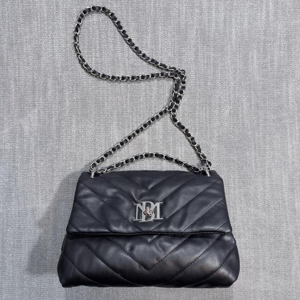 Bradley Mischka Black Quilted Leather Crossbody Bag Silver Chain Strap Logo Flap